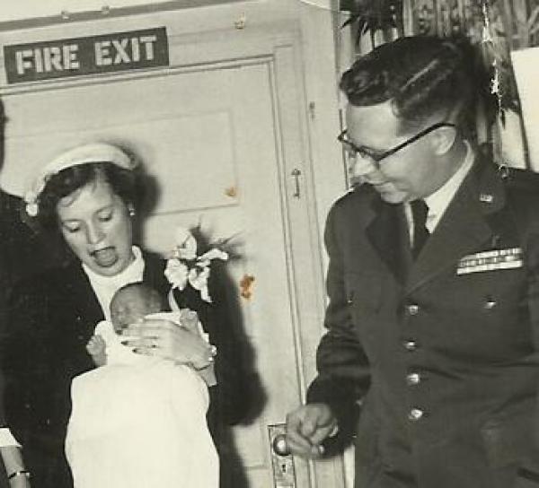 Peg's baptism with Mom and Dad 1954